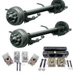 Two Dexter® 10,000 lbs. electric brake axles with a 74" track and 47" spring centers, hangers, equalizers, u-bolts, hangers, and springs without wheels and tires.