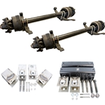 Two Dexter® 15,000 lbs. electric brake axles with a 74" track and 45" spring centers, hangers, equalizers, u-bolts, hangers, and springs without wheels and tires.
