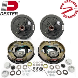 Pre-Greased Dexter 5 on 5" Hub-Drum with 10" x 2.25" Dexter electric trailer brakes.  For 3.5K axle, 5-4.5- BC, studded, 1/2"-20, 1.718" seal, greased with bearings, & E-Z Lube® Grease Caps. Includes Dexter K23-026-00 & K23-027-00 Electric trailer brakes. Only works on 3,500 lbs trailer axles with four-hole brake flange. Includes mounting hardware. These are fully assembled backing plates with shoes, springs, and magnets attached and ready to be mounted. The pair includes one left hand and one right hand brake assembly.