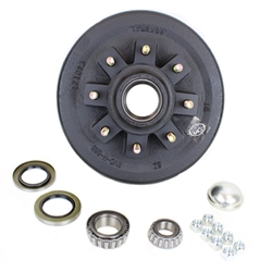 12" hub/drum, 8 studs 6.5" bolt circle with 9/16" studs including genuine Timken bearings. This hub group uses a 25580 inner and 14125A outer bearing. Contains Timken inner bearing & outer bearing, seal, grease cap & lug nuts. (42 Spindle)